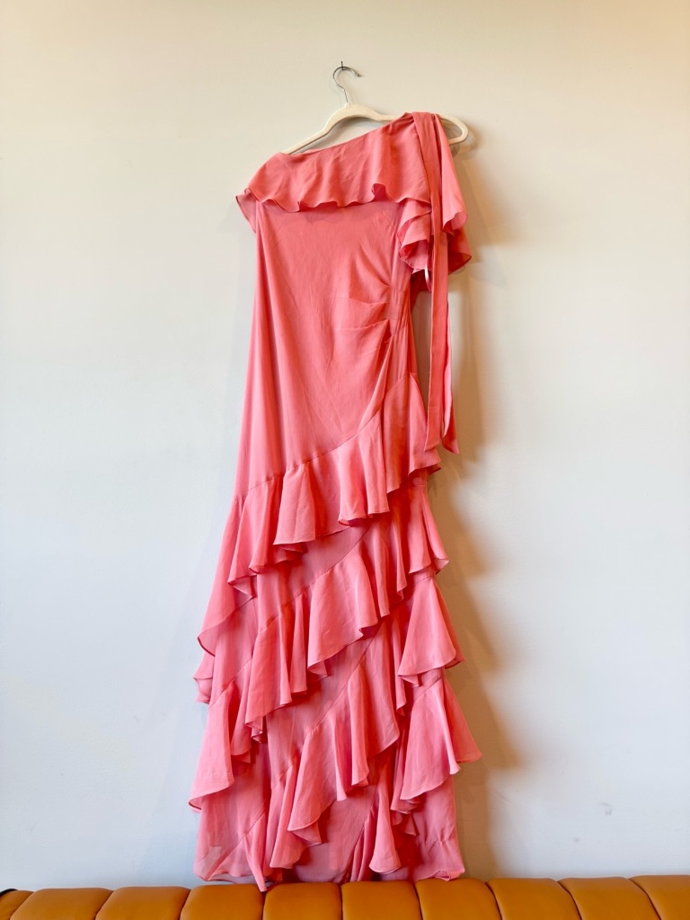Lauren Ralph Lauren Coral Pink Ruffle One-Shoulder Maxi Dress 10 black label